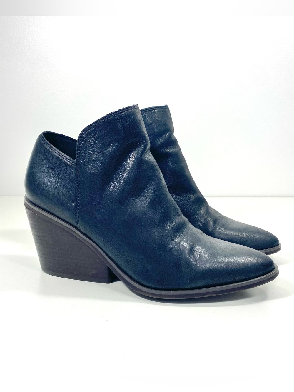 Lucky Brand Stayci Black Leather Chunky Wedge Block Heel Ankle Boots Booties 8.5